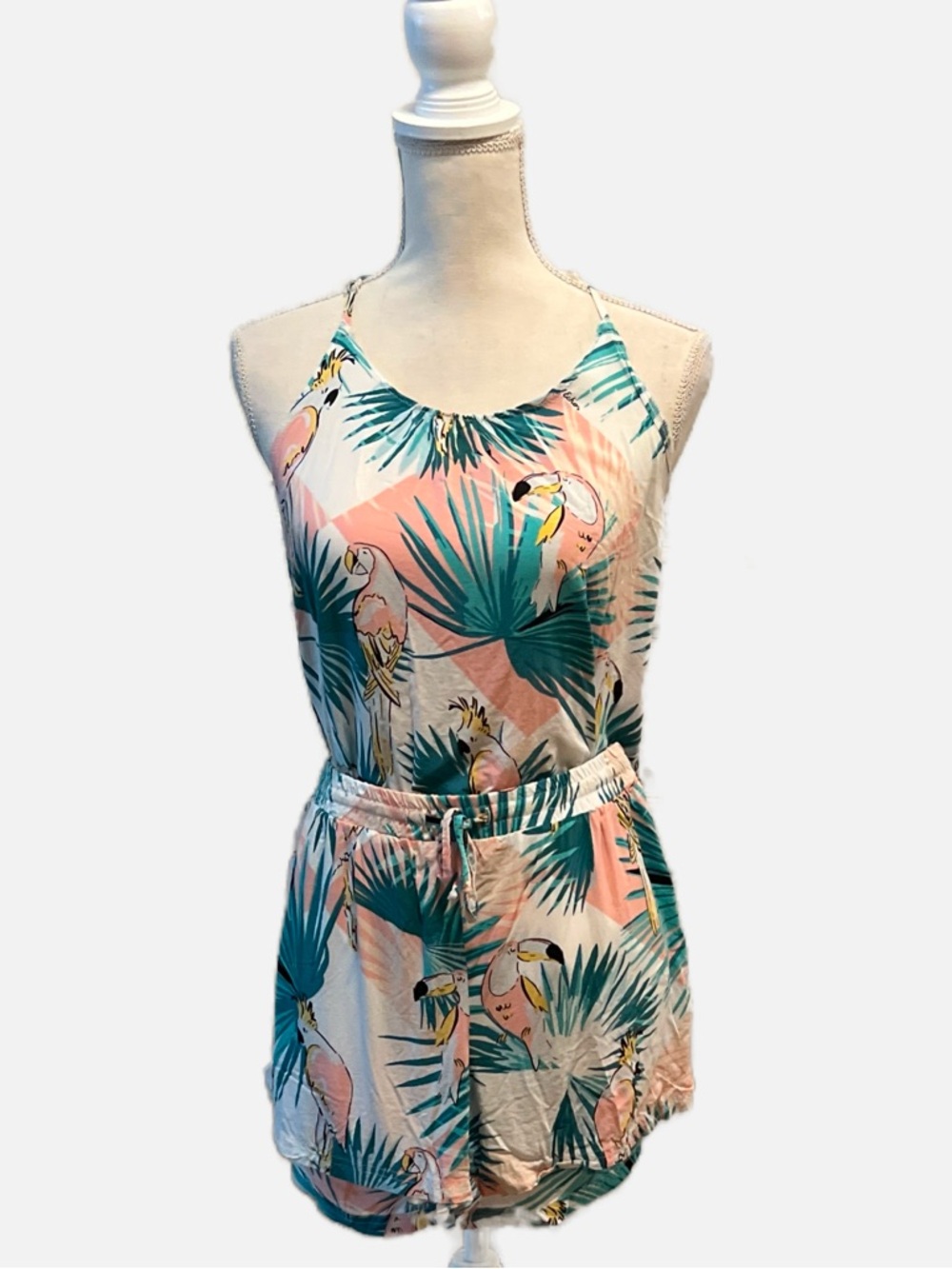 Echo Tropical Parrot Print Pajama Romper in Teal, Pink, White